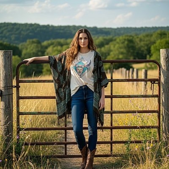 Upcycled Tops - Upcycled Western Poncho Top OS